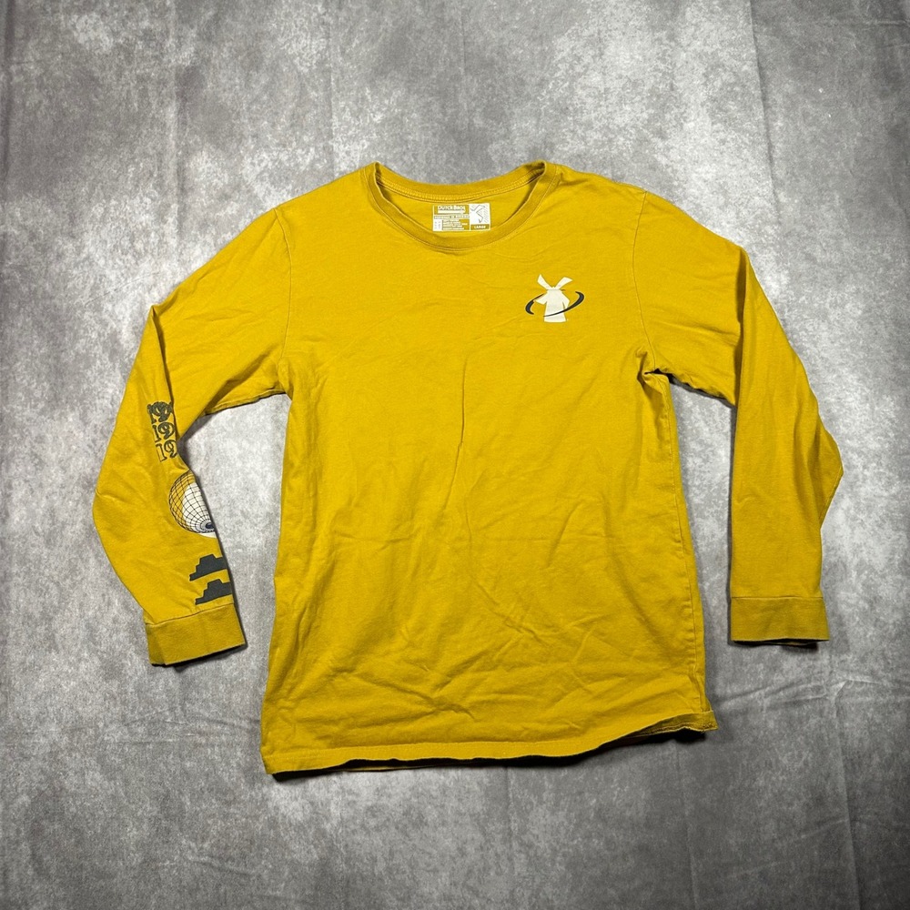 Dutch Bros Coffee Mens Large Long Sleeve Graphic T-Shirt Mustard Yellow Windmill